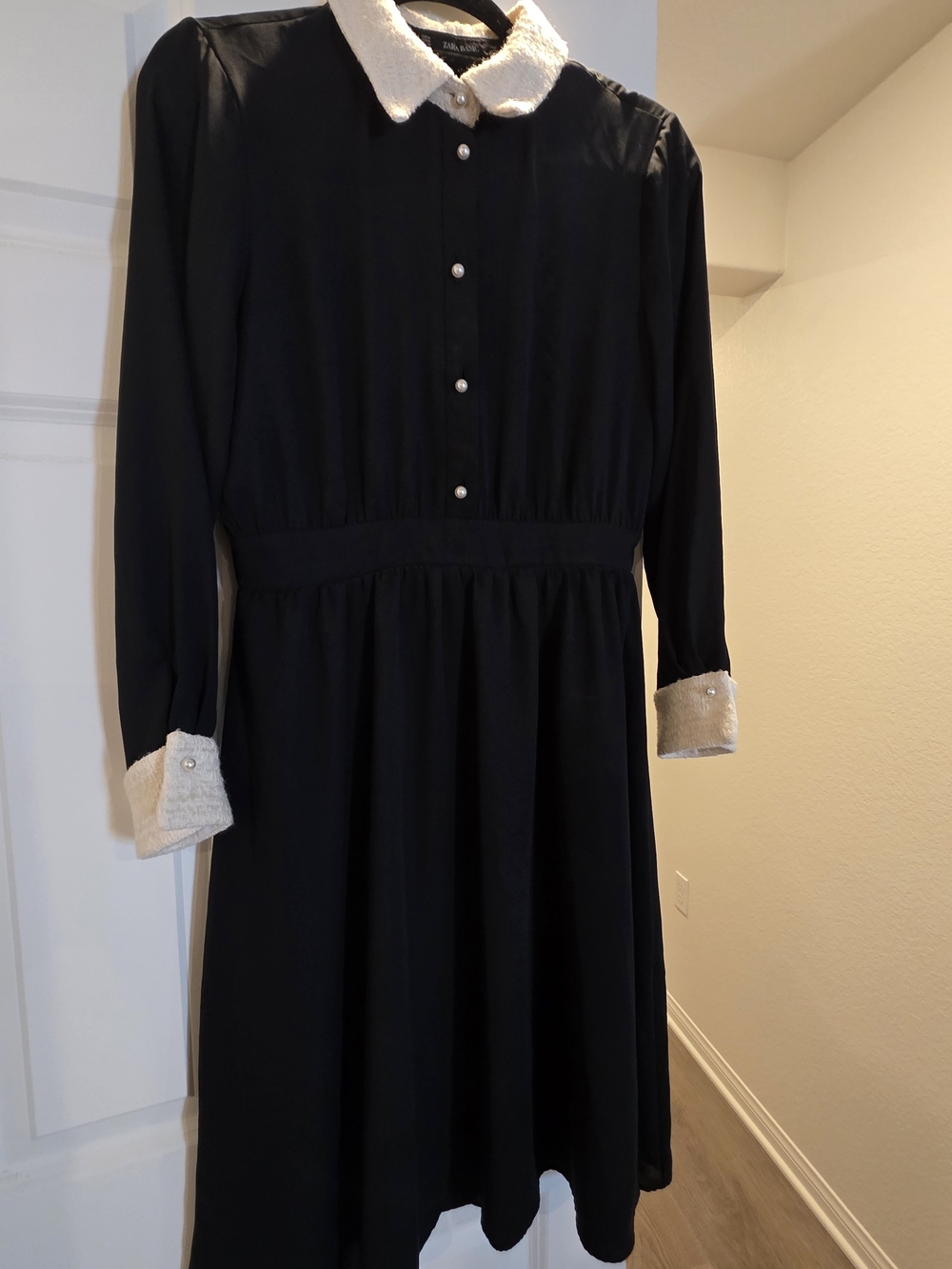 Zara Black Long-Sleeve Dress with Cream Collar & Cuffs